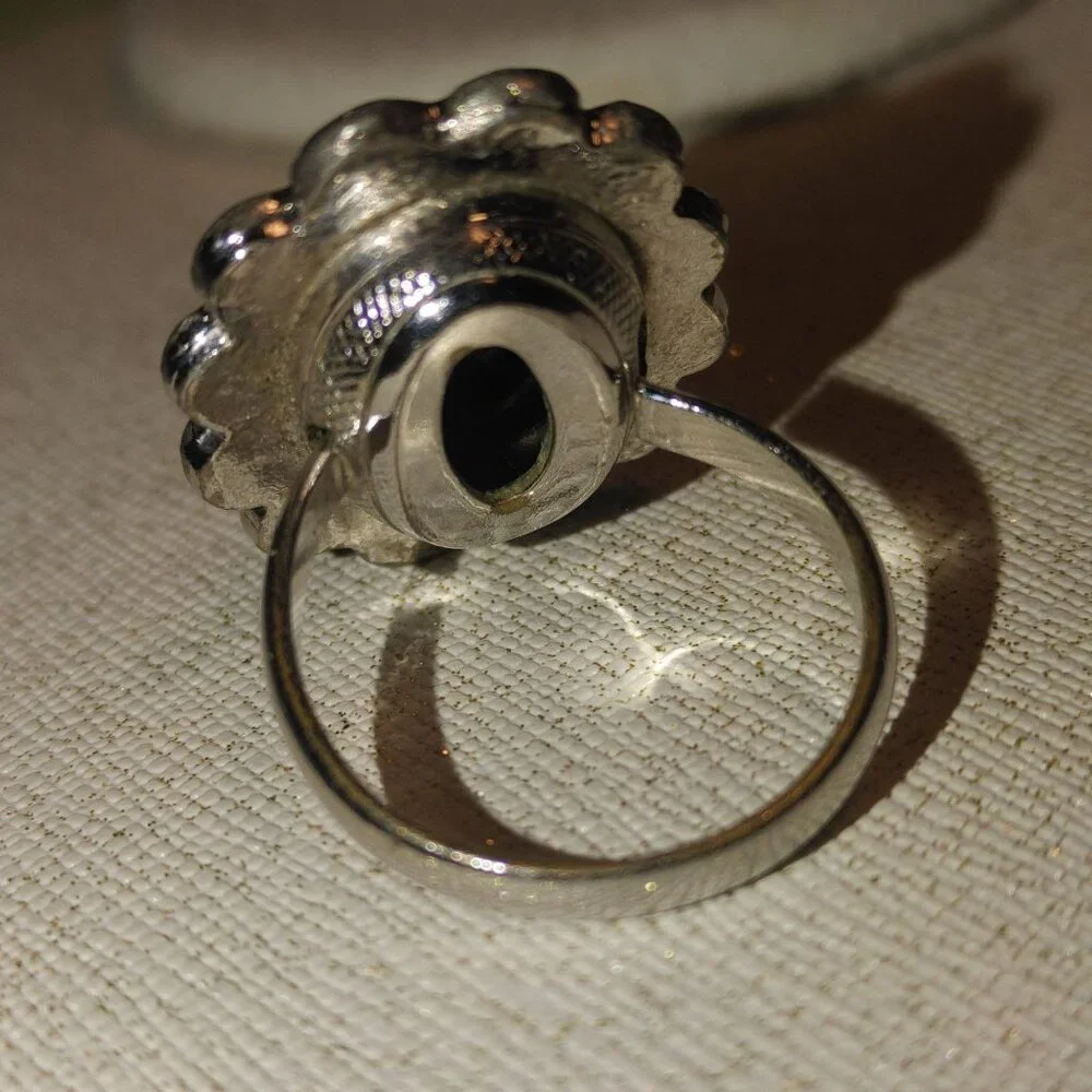 Whiting Davis Vintage Signed Silvertone Ring Size 8 Hematite Stone Oval Design - Picture 4 of 10